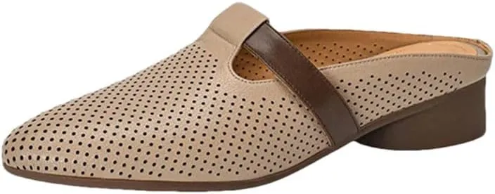 WomenS Round Toe Covered Genuine Leather Low Heel 3Cm Pull On Concise Hollow Mules