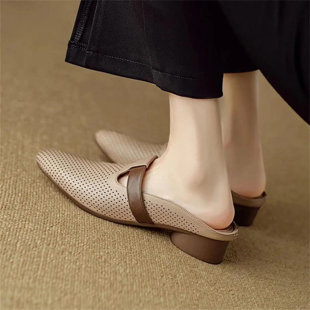 WomenS Round Toe Covered Genuine Leather Low Heel 3Cm Pull On Concise Hollow Mules