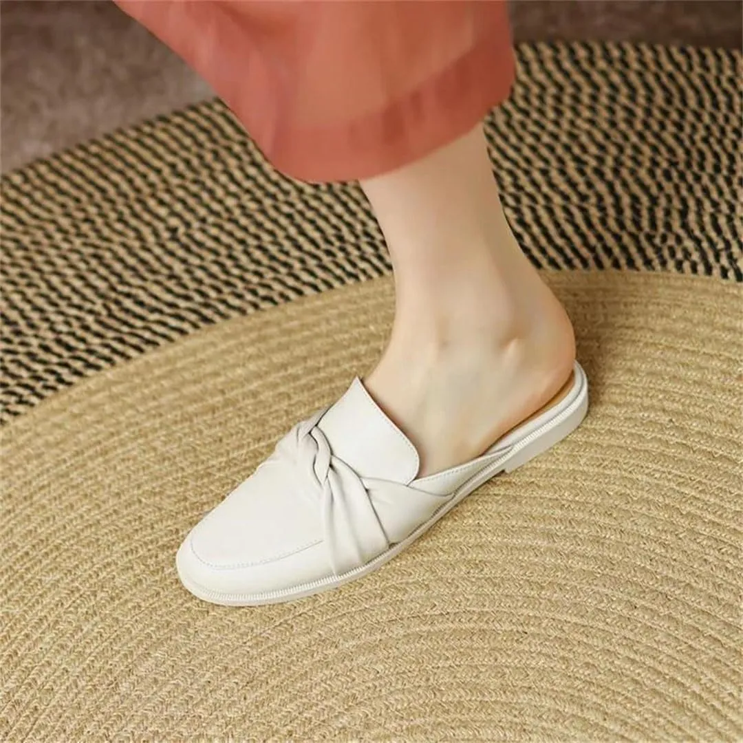 WomenS Round Toe Covered Split Leather Square Low Heel 2Cm Knot Turned-Over Edge Slip-ON Leisure Mules