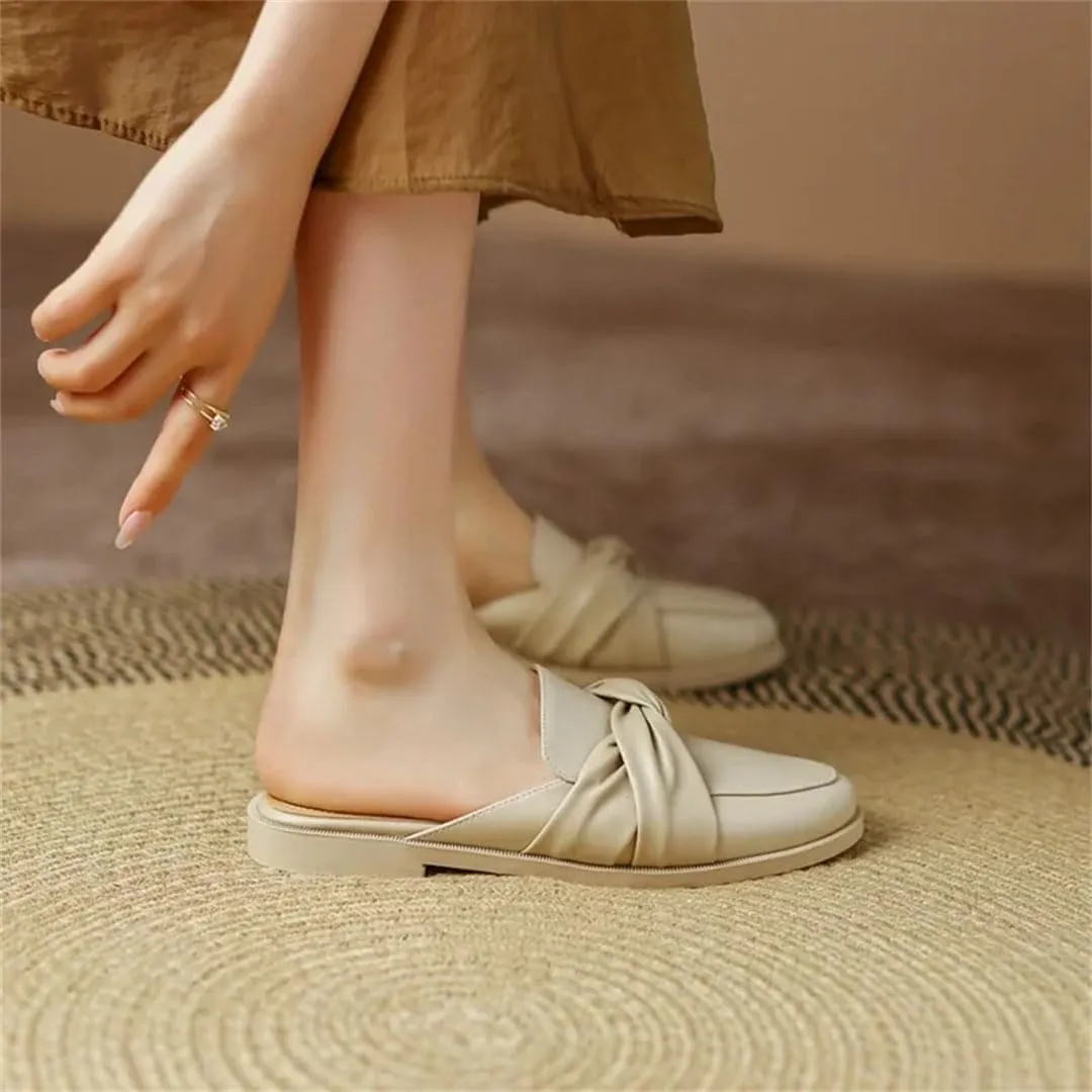 WomenS Round Toe Covered Split Leather Square Low Heel 2Cm Knot Turned-Over Edge Slip-ON Leisure Mules