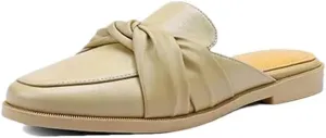 WomenS Round Toe Covered Split Leather Square Low Heel 2Cm Knot Turned-Over Edge Slip-ON Leisure Mules