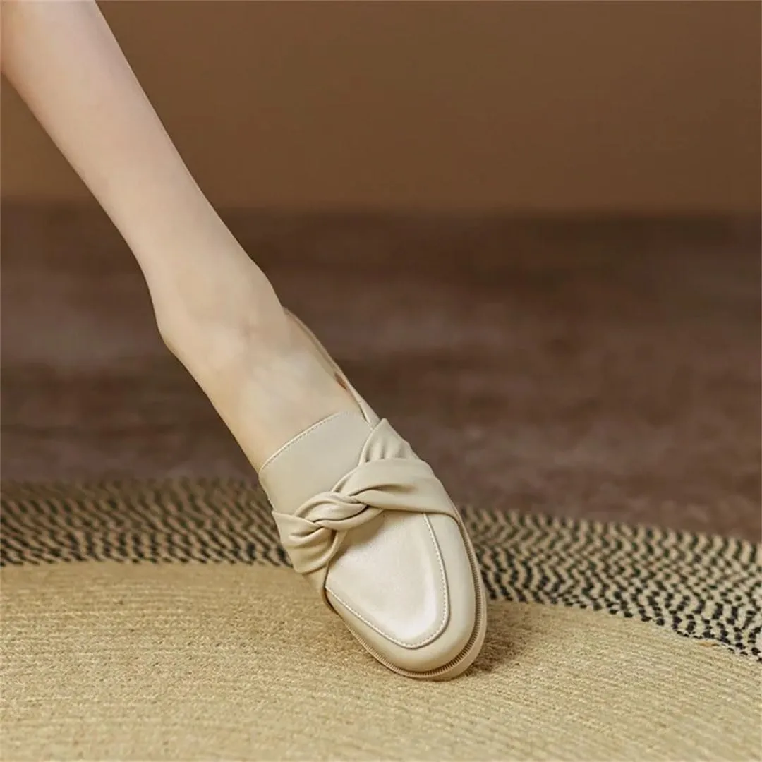 WomenS Round Toe Covered Split Leather Square Low Heel 2Cm Knot Turned-Over Edge Slip-ON Leisure Mules