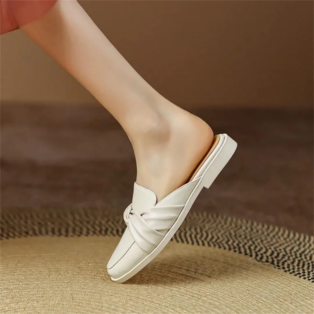 WomenS Round Toe Covered Split Leather Square Low Heel 2Cm Knot Turned-Over Edge Slip-ON Leisure Mules