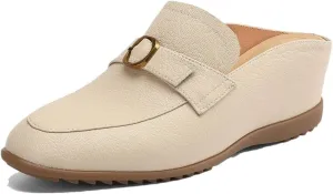 WomenS Round Toe Genuine Leather Metal Buckle Wedge Heel 4.5Cm Slip-ON Leisure Casual Mules