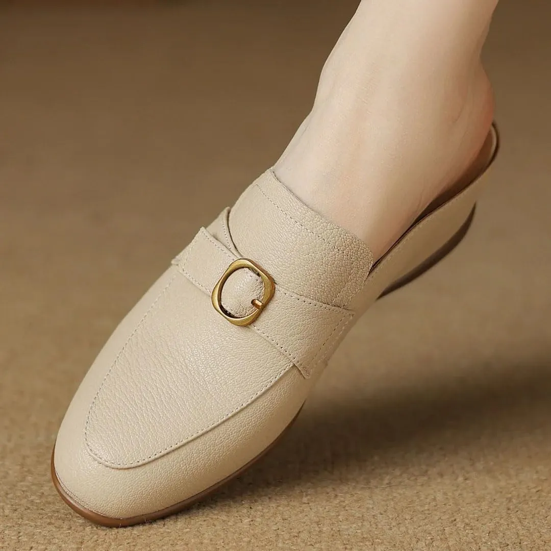 WomenS Round Toe Genuine Leather Metal Buckle Wedge Heel 4.5Cm Slip-ON Leisure Casual Mules