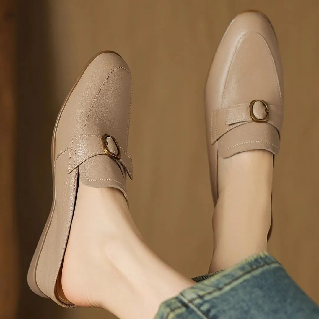 WomenS Round Toe Genuine Leather Metal Buckle Wedge Heel 4.5Cm Slip-ON Leisure Casual Mules