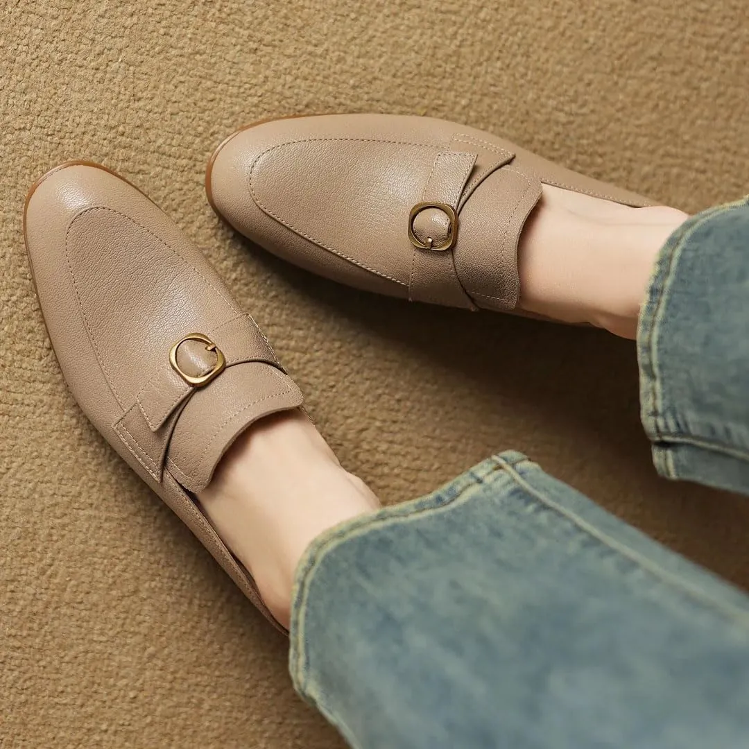 WomenS Round Toe Genuine Leather Metal Buckle Wedge Heel 4.5Cm Slip-ON Leisure Casual Mules