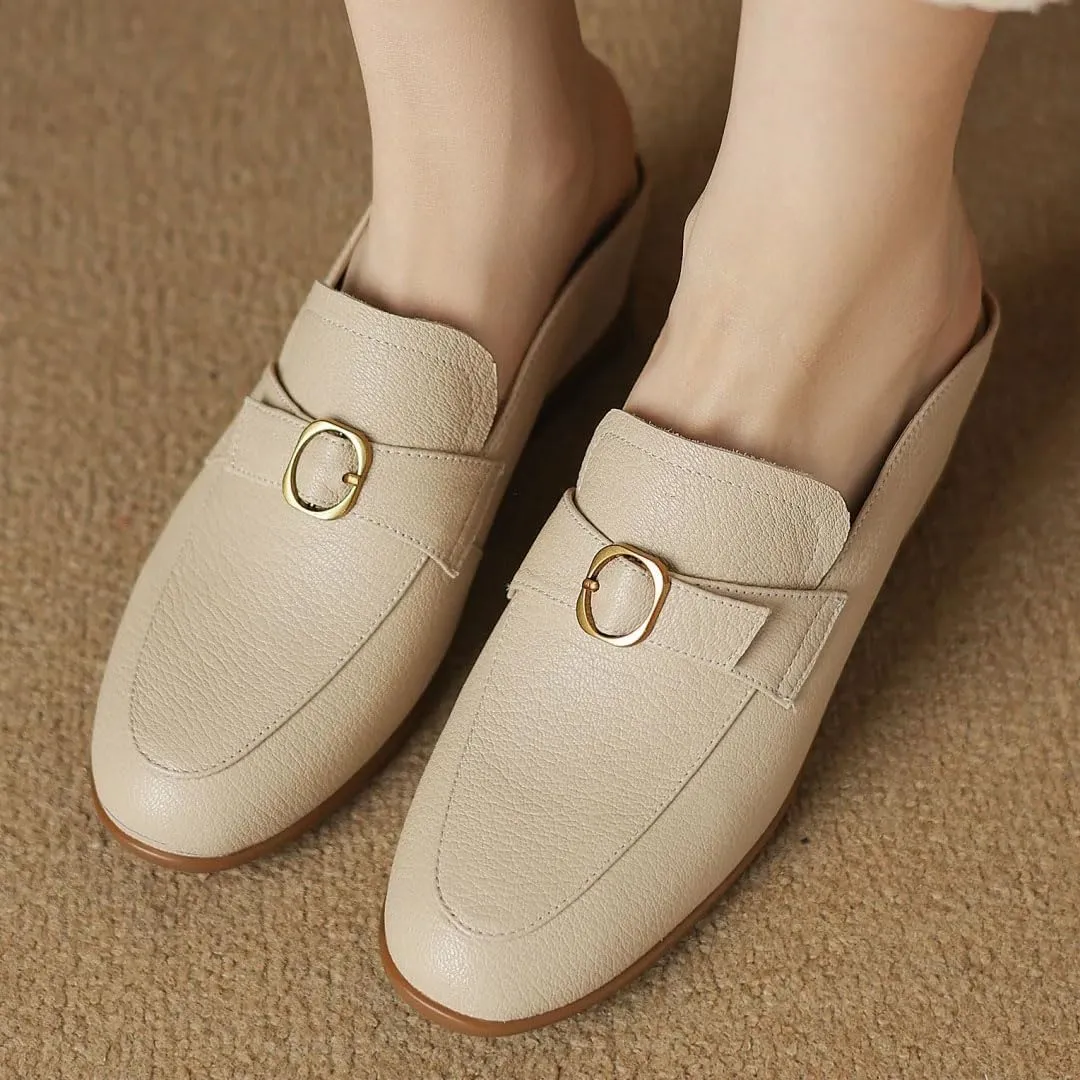 WomenS Round Toe Genuine Leather Metal Buckle Wedge Heel 4.5Cm Slip-ON Leisure Casual Mules