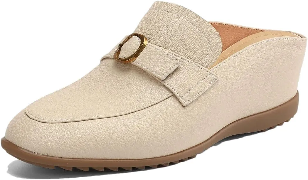 WomenS Round Toe Genuine Leather Metal Buckle Wedge Heel 4.5Cm Slip-ON Leisure Casual Mules