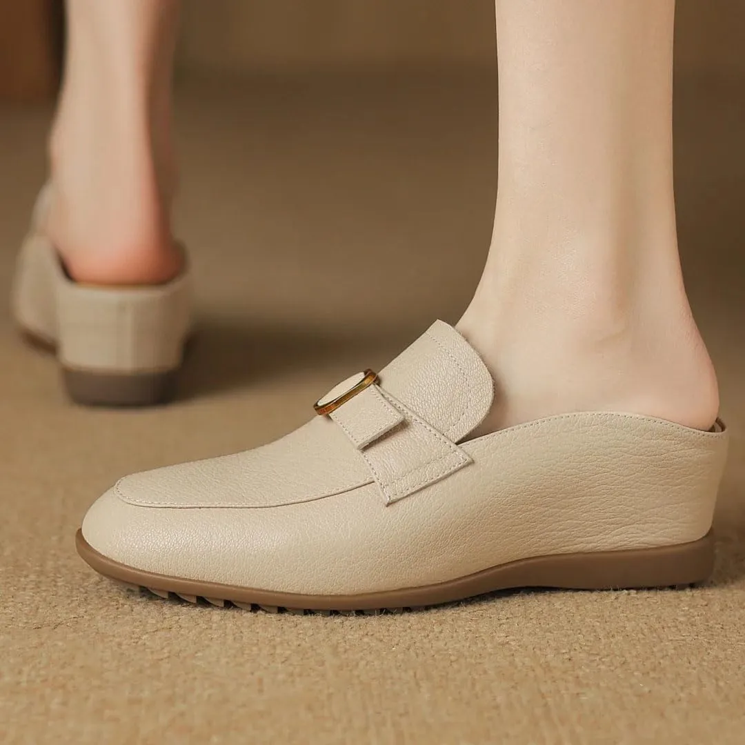 WomenS Round Toe Genuine Leather Metal Buckle Wedge Heel 4.5Cm Slip-ON Leisure Casual Mules