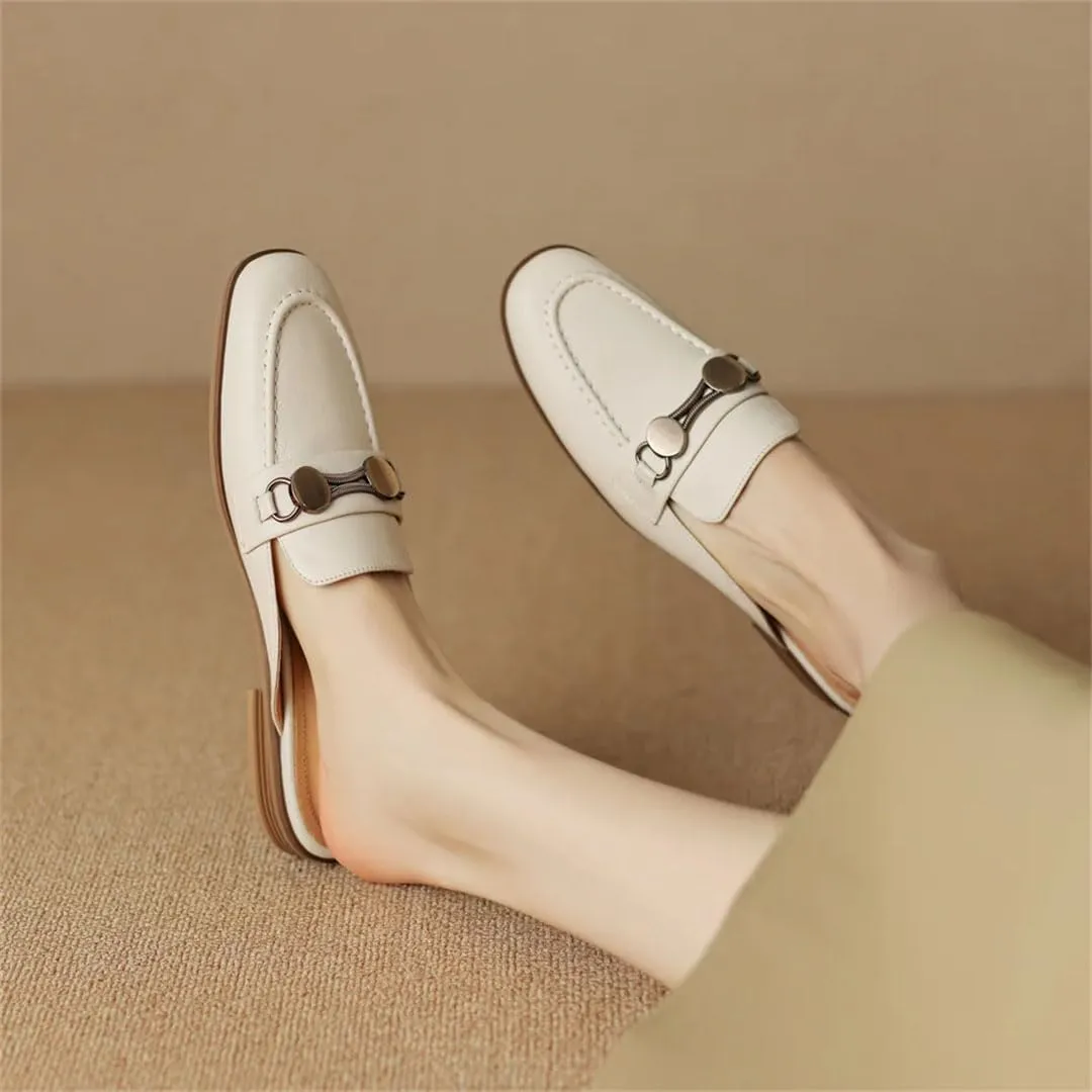 WomenS Round Toe Genuine Leather Metal Decoration Slip-ON Concise Leisure Soft Comfort Casual Mules