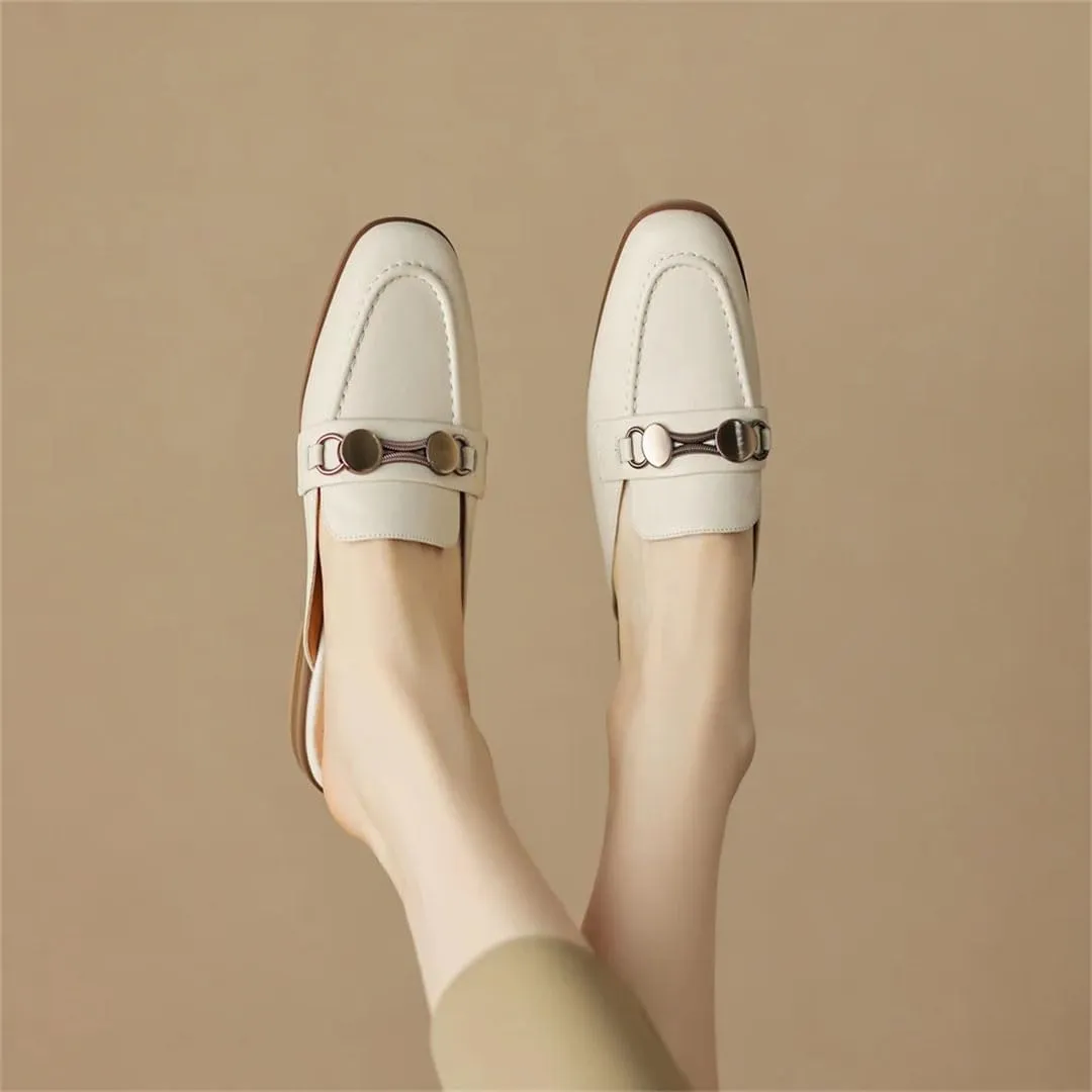WomenS Round Toe Genuine Leather Metal Decoration Slip-ON Concise Leisure Soft Comfort Casual Mules