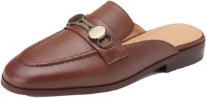 WomenS Round Toe Genuine Leather Metal Decoration Slip-ON Concise Leisure Soft Comfort Casual Mules