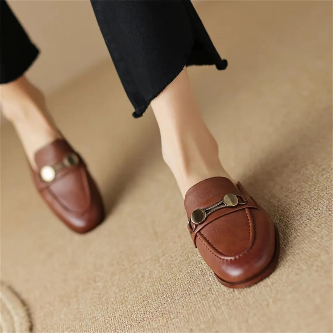 WomenS Round Toe Genuine Leather Metal Decoration Slip-ON Concise Leisure Soft Comfort Casual Mules