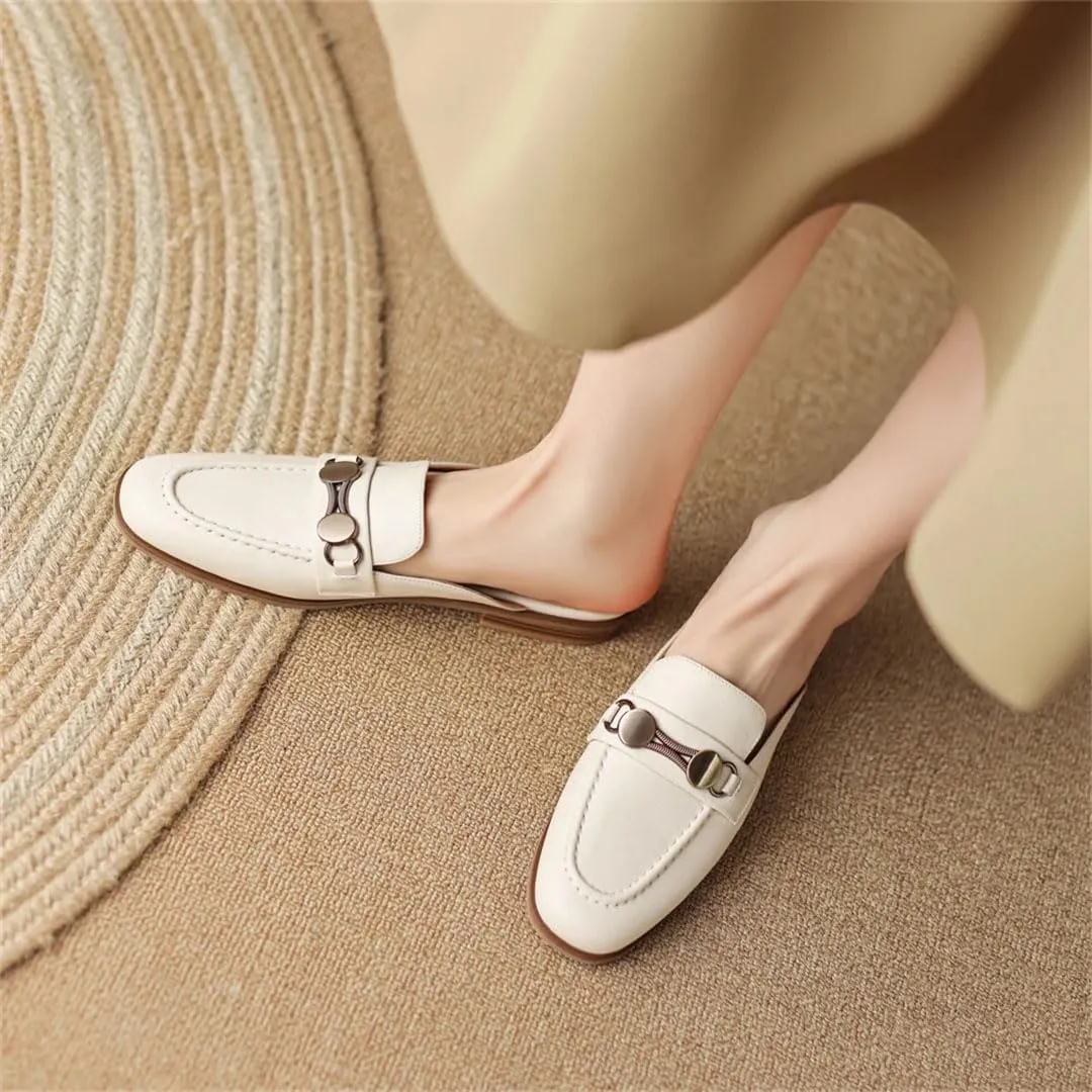 WomenS Round Toe Genuine Leather Metal Decoration Slip-ON Concise Leisure Soft Comfort Casual Mules