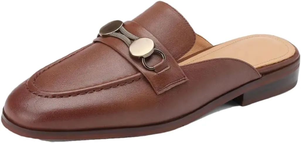 WomenS Round Toe Genuine Leather Metal Decoration Slip-ON Concise Leisure Soft Comfort Casual Mules