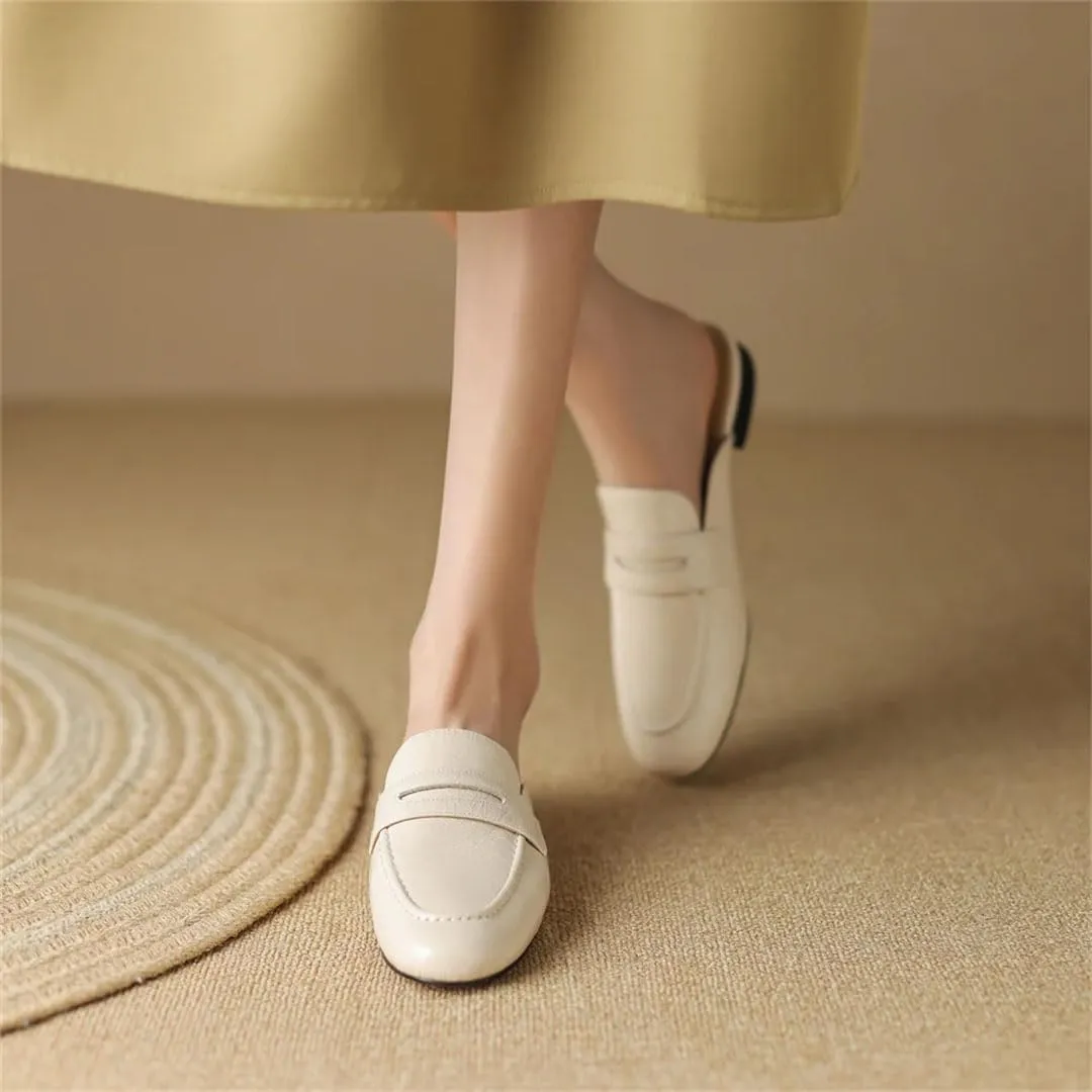WomenS Round Toe Genuine Leather Sewing Slip-ON Leisure Casual Mules for Daily Shopping and Walking