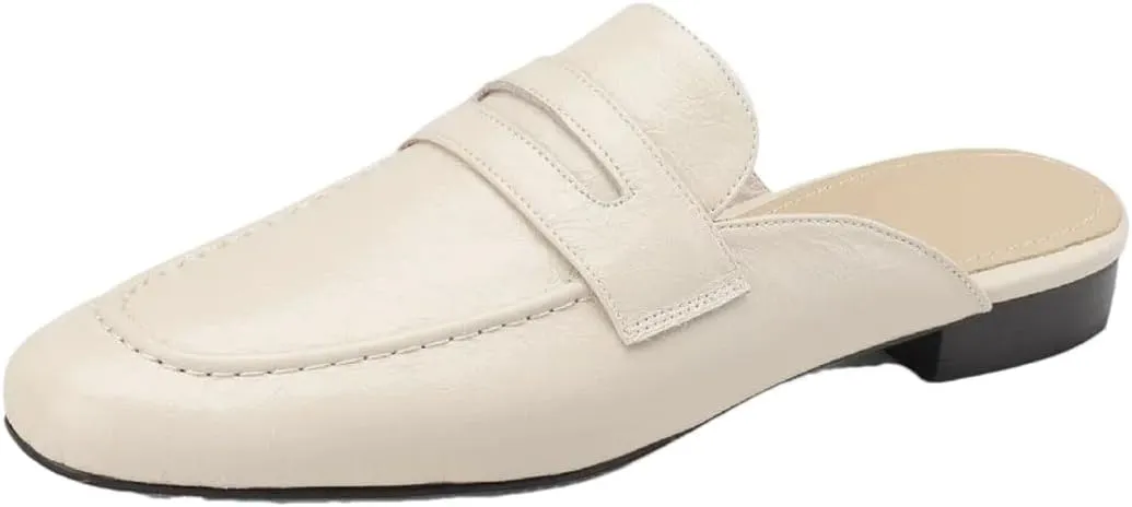 WomenS Round Toe Genuine Leather Sewing Slip-ON Leisure Casual Mules for Daily Shopping and Walking