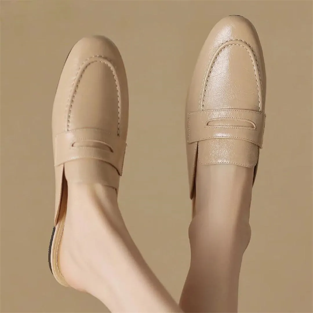 WomenS Round Toe Genuine Leather Sewing Slip-ON Leisure Casual Mules for Daily Shopping and Walking