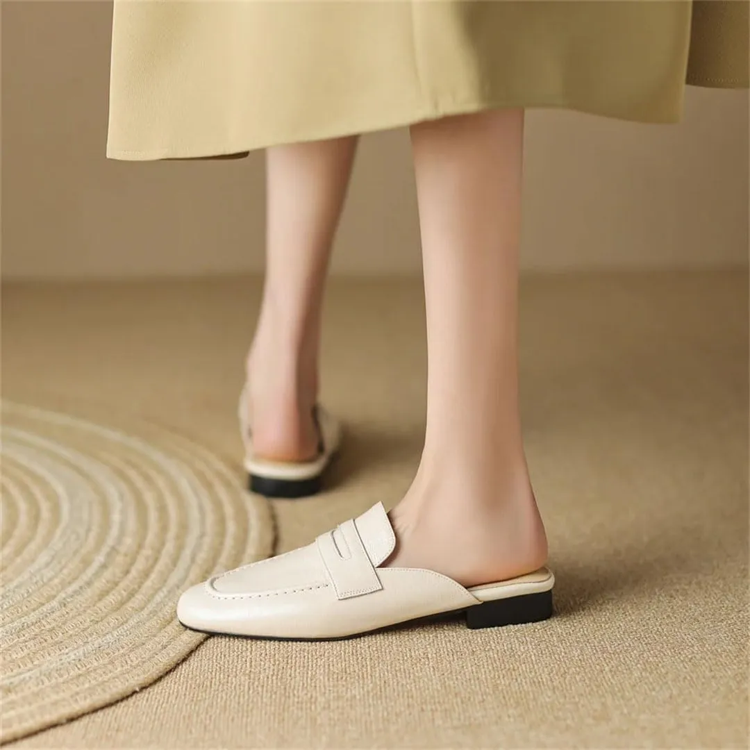 WomenS Round Toe Genuine Leather Sewing Slip-ON Leisure Casual Mules for Daily Shopping and Walking