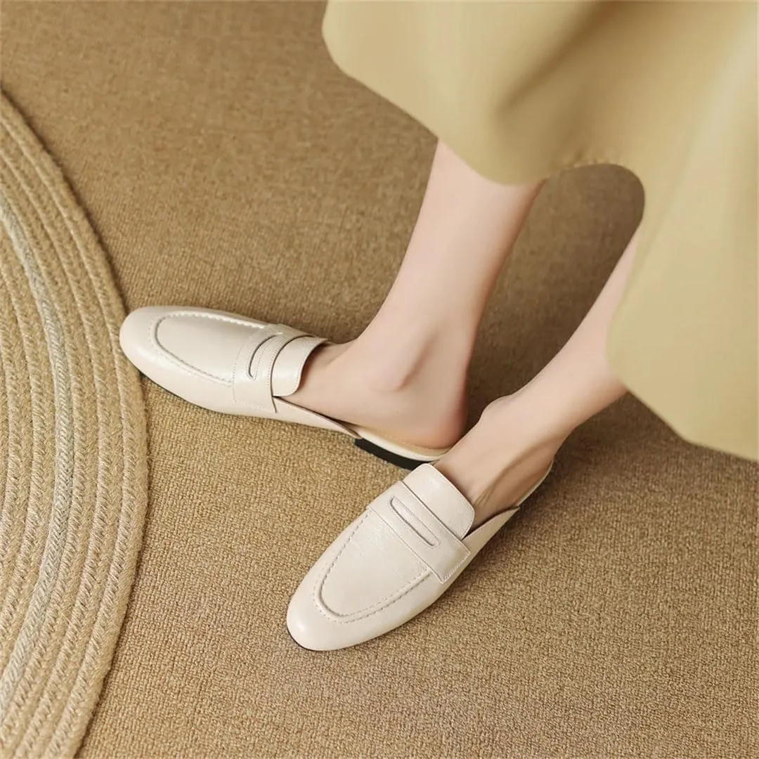 WomenS Round Toe Genuine Leather Sewing Slip-ON Leisure Casual Mules for Daily Shopping and Walking