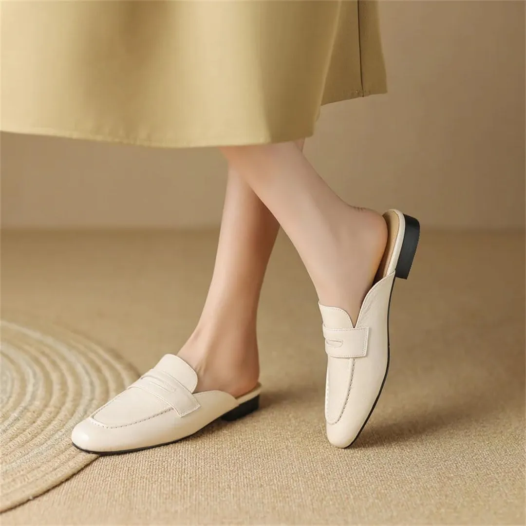 WomenS Round Toe Genuine Leather Sewing Slip-ON Leisure Casual Mules for Daily Shopping and Walking
