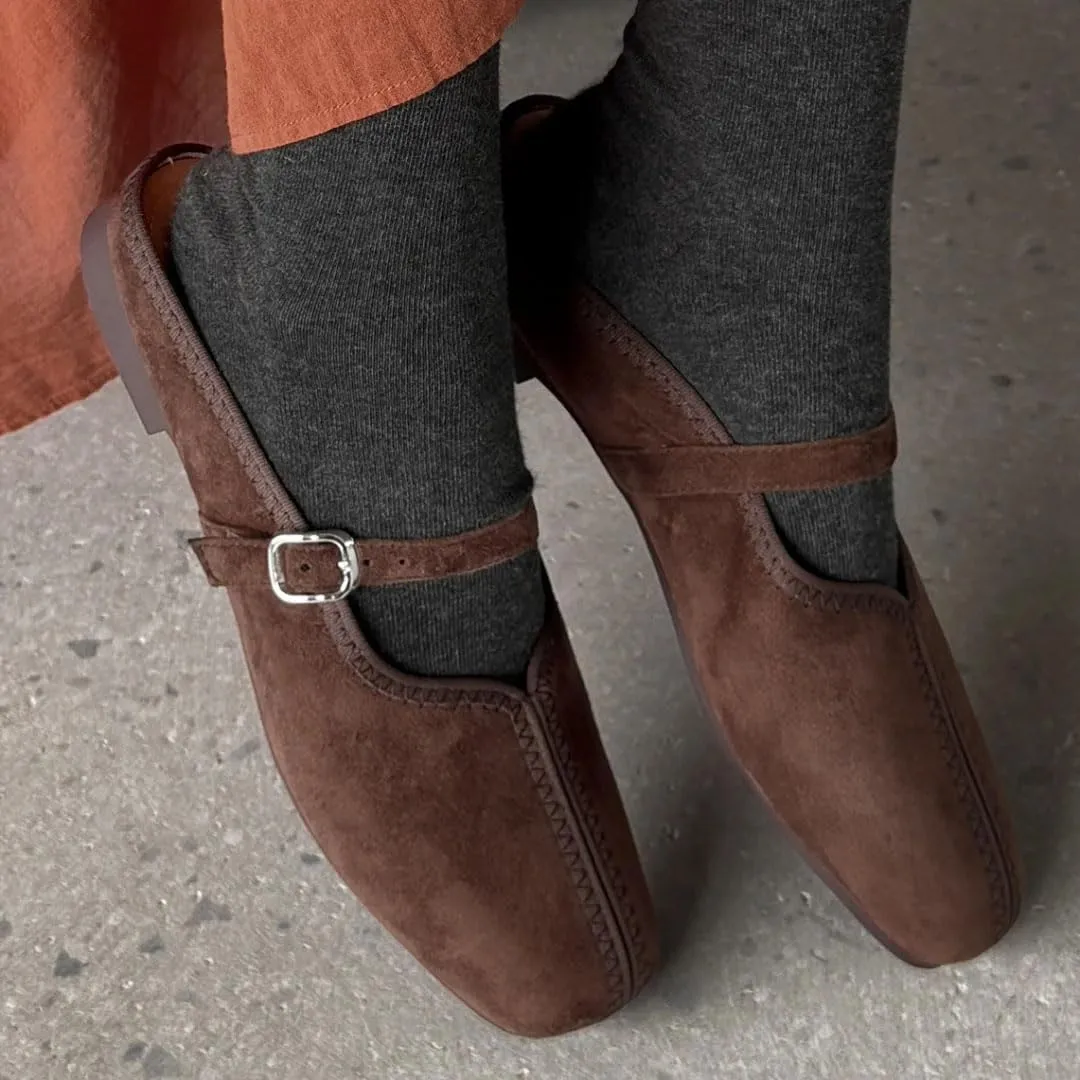 WomenS Round Toe Natural Suede Leather Metal Buckle Sewing Slip-ON Leisure Soft Comfortable Mules