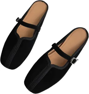 WomenS Round Toe Natural Suede Leather Metal Buckle Sewing Slip-ON Leisure Soft Comfortable Mules