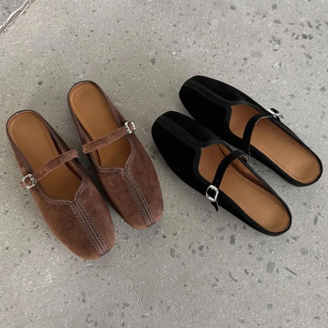 WomenS Round Toe Natural Suede Leather Metal Buckle Sewing Slip-ON Leisure Soft Comfortable Mules