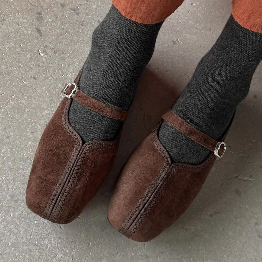 WomenS Round Toe Natural Suede Leather Metal Buckle Sewing Slip-ON Leisure Soft Comfortable Mules