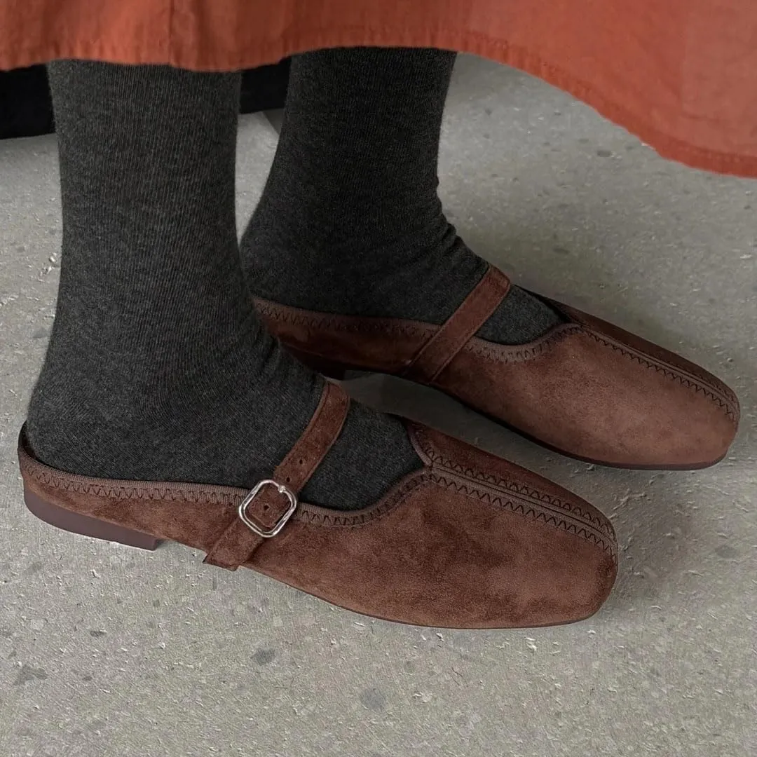 WomenS Round Toe Natural Suede Leather Metal Buckle Sewing Slip-ON Leisure Soft Comfortable Mules