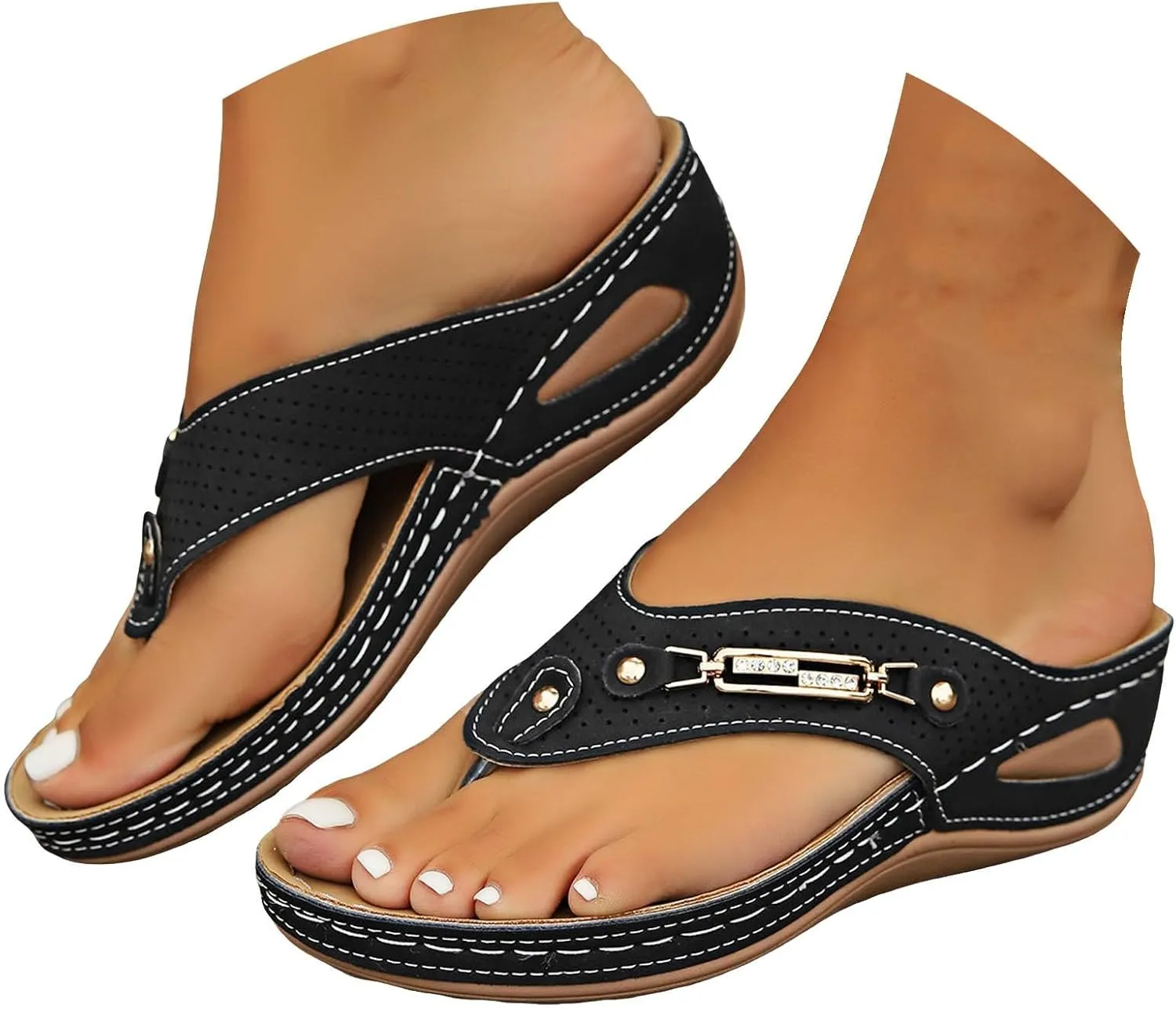 Womens Sandals Comfortable Breathable Mesh Hollow Sports Sandals Non-Slip 2025 Womens Wedge Orthopedic Flip-Flops