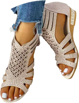 Womens Sandals Comfortable Dressy Ankle Strap Womens Wedge Sandals Low Heel Dressy Summer Rhinestone Summer Shoes