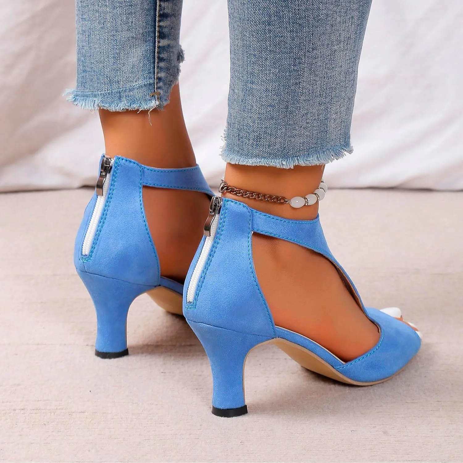 Women's Sexy High Heels Sandals Orthopedic Open Toe Summer for Women Back Zipper Dress Fish Mouth Closure Casual Suede Leather Sandal Orthotic Beach Boho Outdoor Shoes for Wedding Party Daily Wear