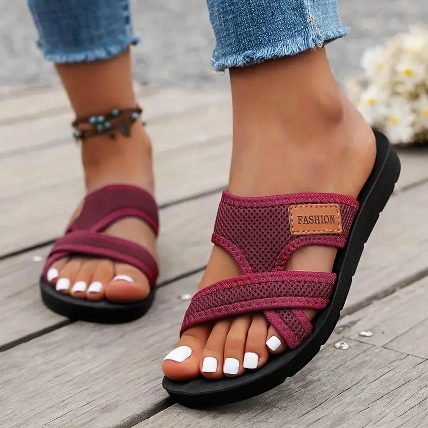 Womens Slide Sandals Arch Support 2025 Womens Hollow Mesh Slide Sandals Non Slip Flip Flops Comfortable Beach Sandals