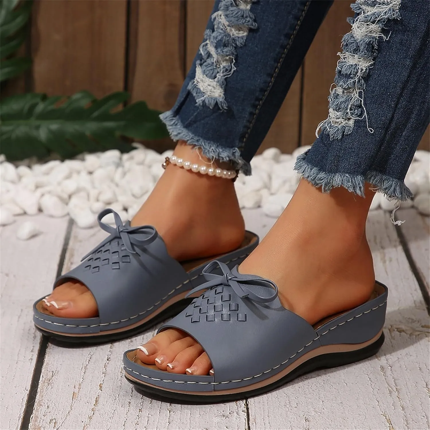 Women's Slip-On Wedge Sandals Chic Bow Orthopedic Sandals Lightweight Comfortable Open Toe Slippers Summer Beach Slip-On Shoes Soft Insole & Anti-Slip Sole Boho Slingback Sandal