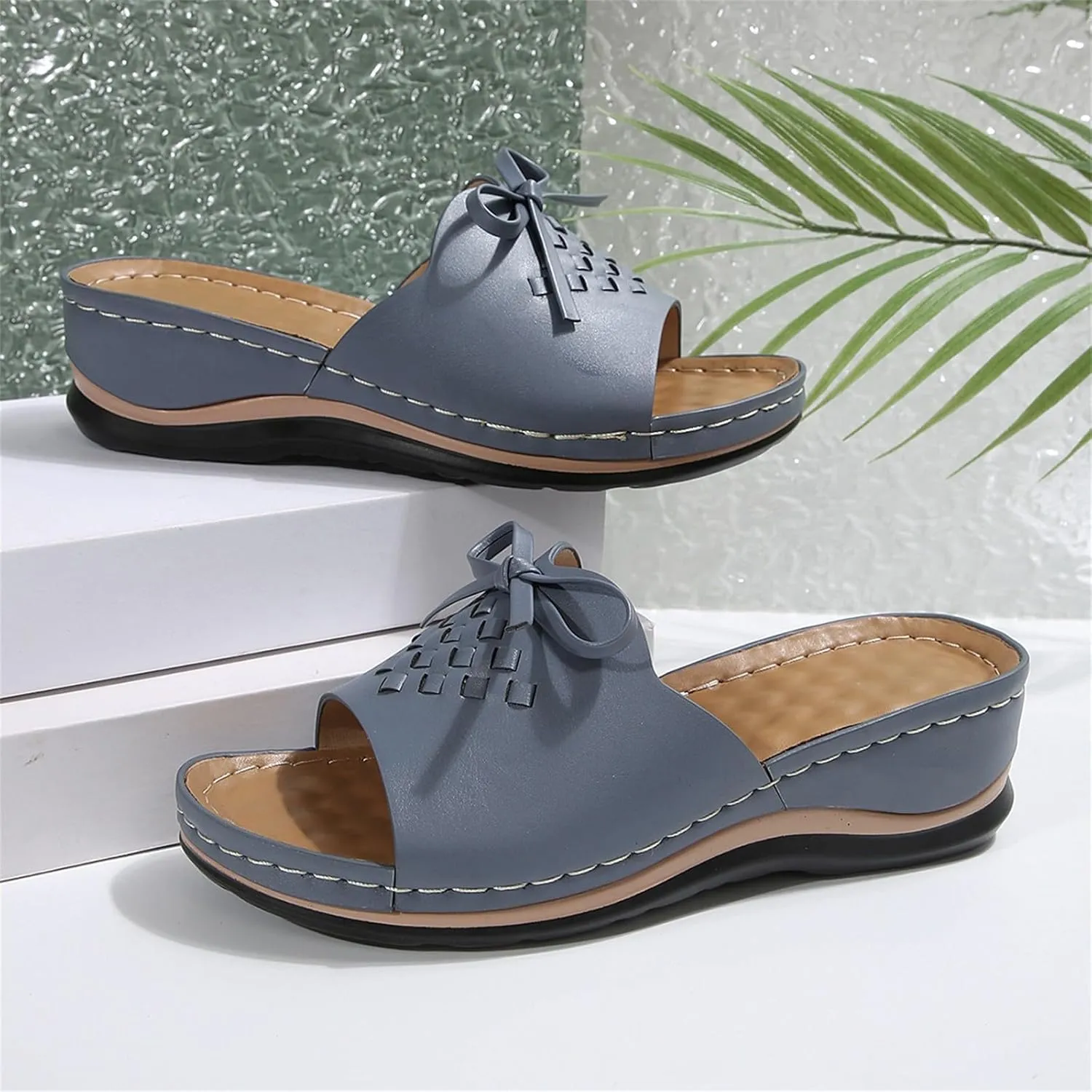Women's Slip-On Wedge Sandals Chic Bow Orthopedic Sandals Lightweight Comfortable Open Toe Slippers Summer Beach Slip-On Shoes Soft Insole & Anti-Slip Sole Boho Slingback Sandal