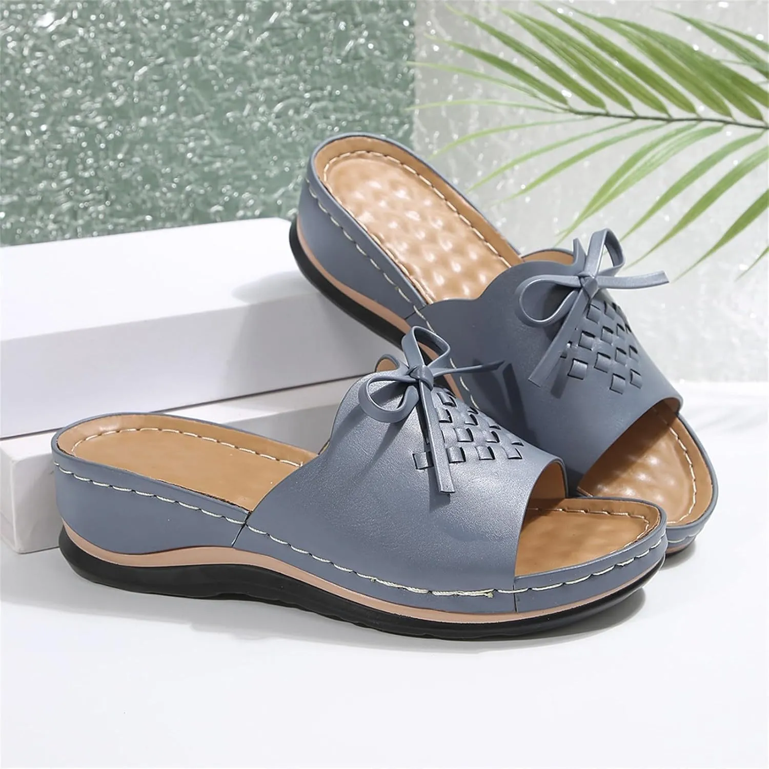 Women's Slip-On Wedge Sandals Chic Bow Orthopedic Sandals Lightweight Comfortable Open Toe Slippers Summer Beach Slip-On Shoes Soft Insole & Anti-Slip Sole Boho Slingback Sandal