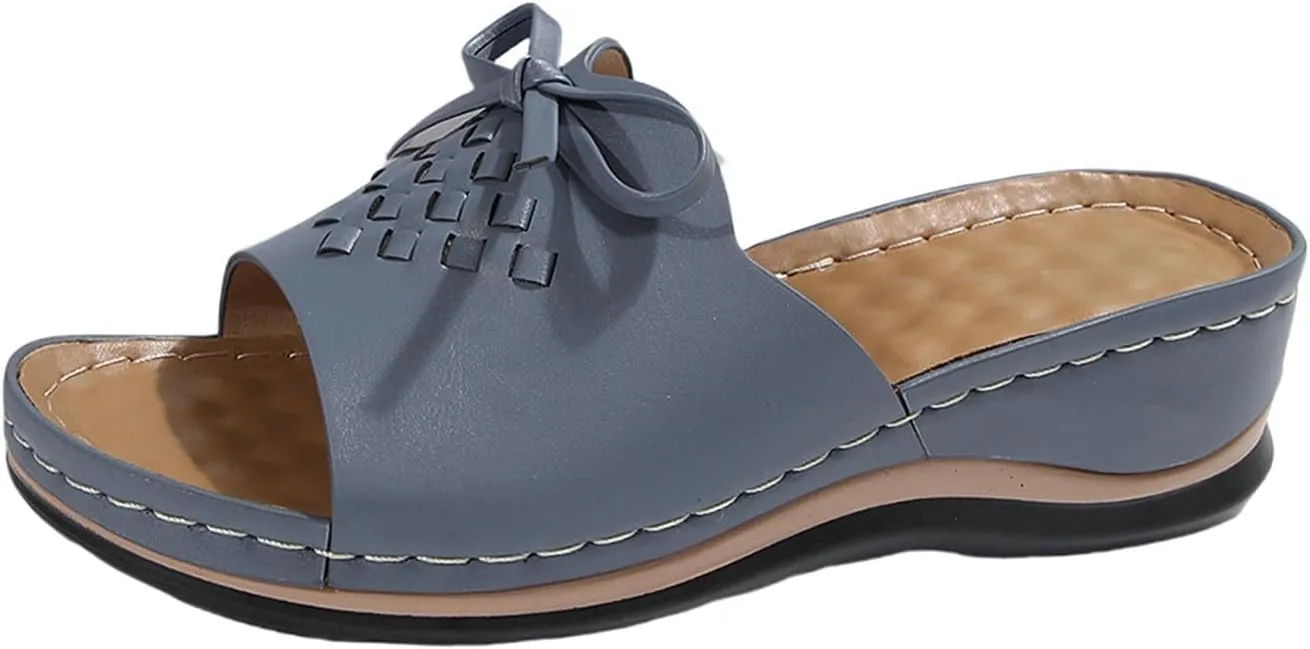 Women's Slip-On Wedge Sandals Chic Bow Orthopedic Sandals Lightweight Comfortable Open Toe Slippers Summer Beach Slip-On Shoes Soft Insole & Anti-Slip Sole Boho Slingback Sandal