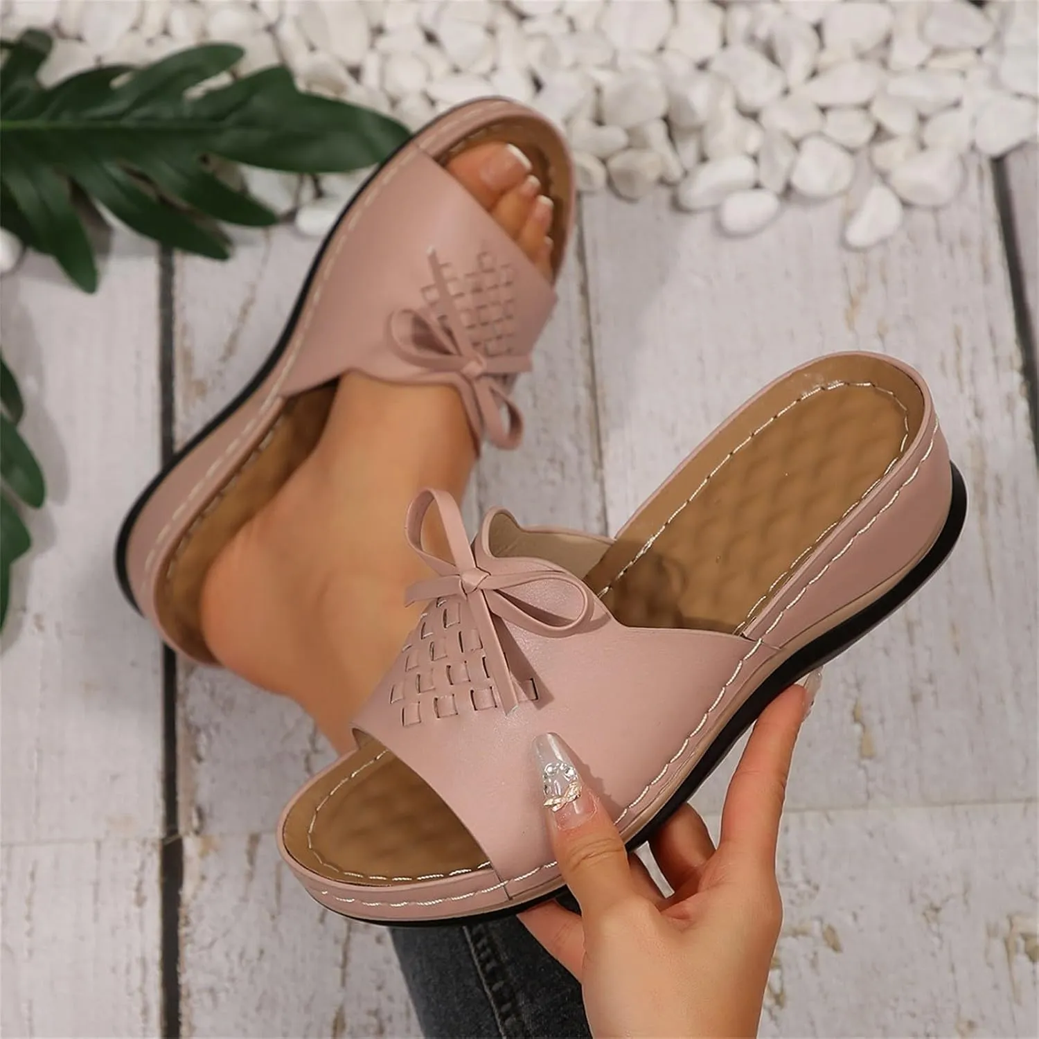 Women's Slip-On Wedge Sandals Comfortable Walking Sandal Open Toe Wedge Slides Shoes Casual Arch Support Shoes Dressy Summer Anti-Slip Sole Boho Sandals Lightweight Shoe