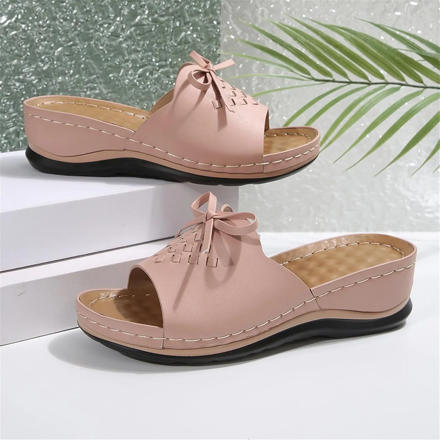 Women's Slip-On Wedge Sandals Comfortable Walking Sandal Open Toe Wedge Slides Shoes Casual Arch Support Shoes Dressy Summer Anti-Slip Sole Boho Sandals Lightweight Shoe