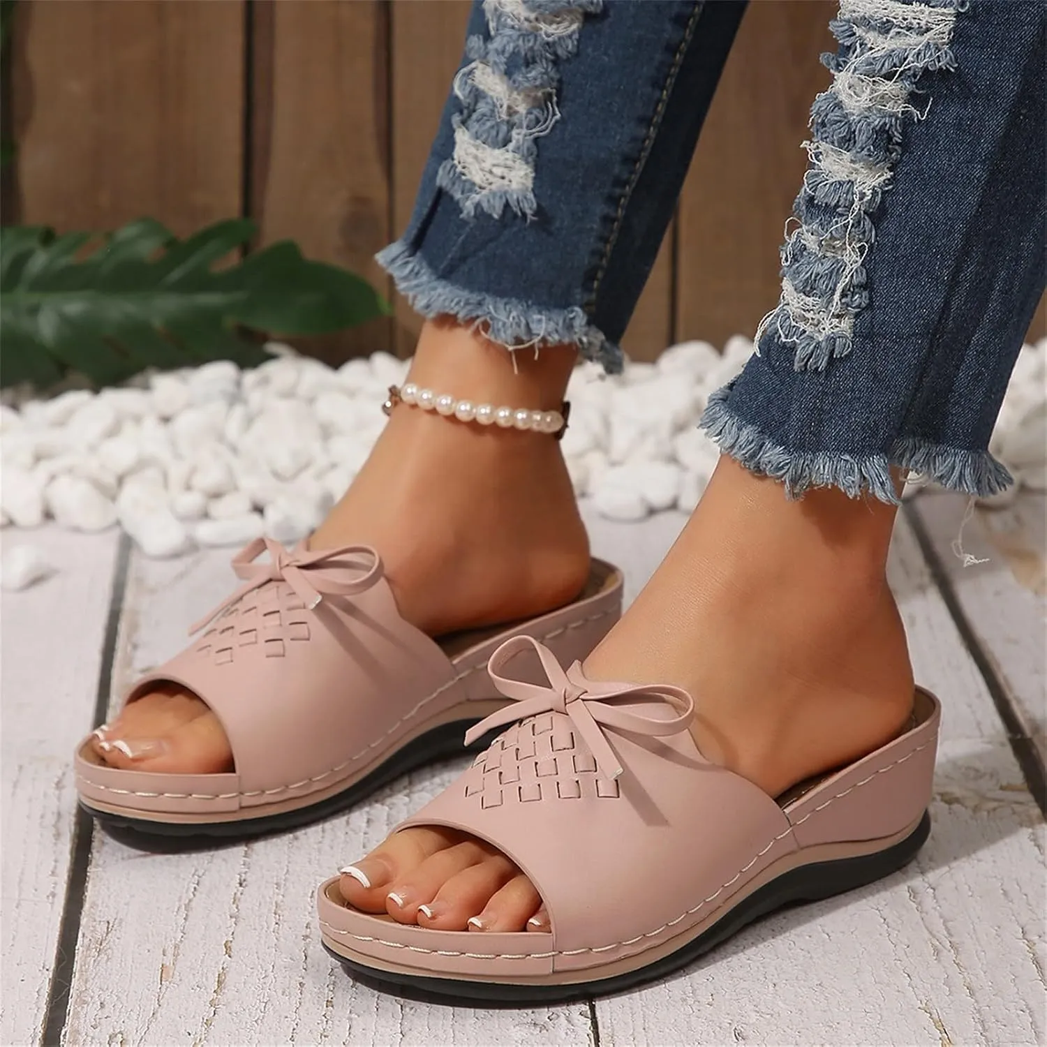 Women's Slip-On Wedge Sandals Comfortable Walking Sandal Open Toe Wedge Slides Shoes Casual Arch Support Shoes Dressy Summer Anti-Slip Sole Boho Sandals Lightweight Shoe