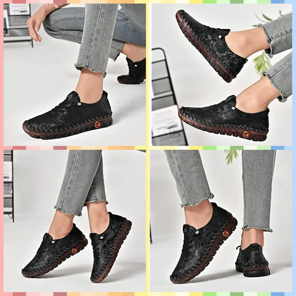 Women's Soft Orthopedic Loafers  Handmade Slip-On Flats with Floral Embroidery, Cushioning, Arch Support, Anti-Slip Sole & All-Day Comfort