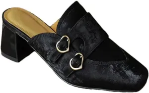 WomenS Square Heel 5Cm Silk Buckle Pull On Street Style Leisure Mules for Daily Shopping and Walking