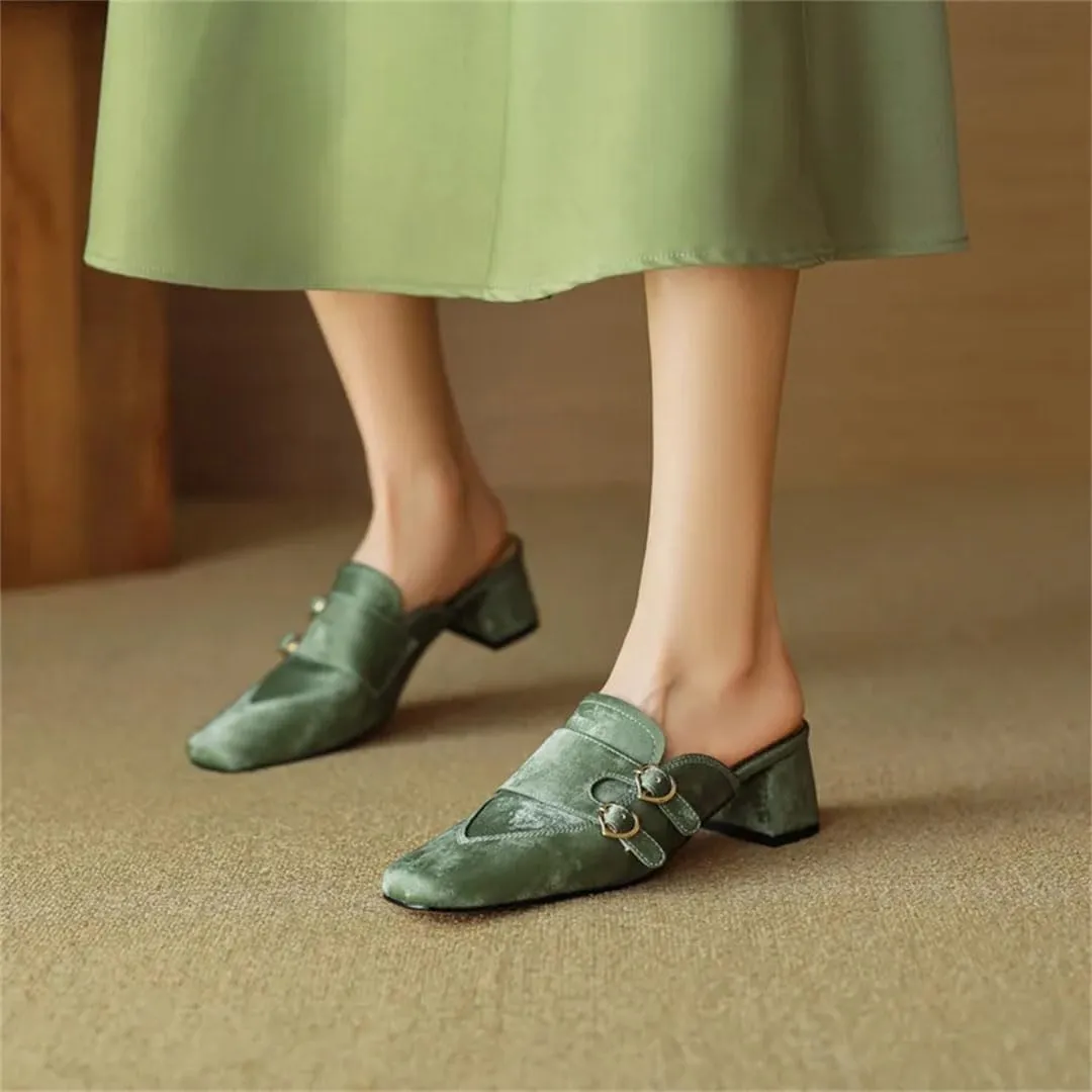 WomenS Square Heel 5Cm Silk Buckle Pull On Street Style Leisure Mules for Daily Shopping and Walking