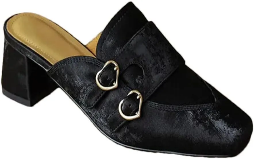 WomenS Square Heel 5Cm Silk Buckle Pull On Street Style Leisure Mules for Daily Shopping and Walking