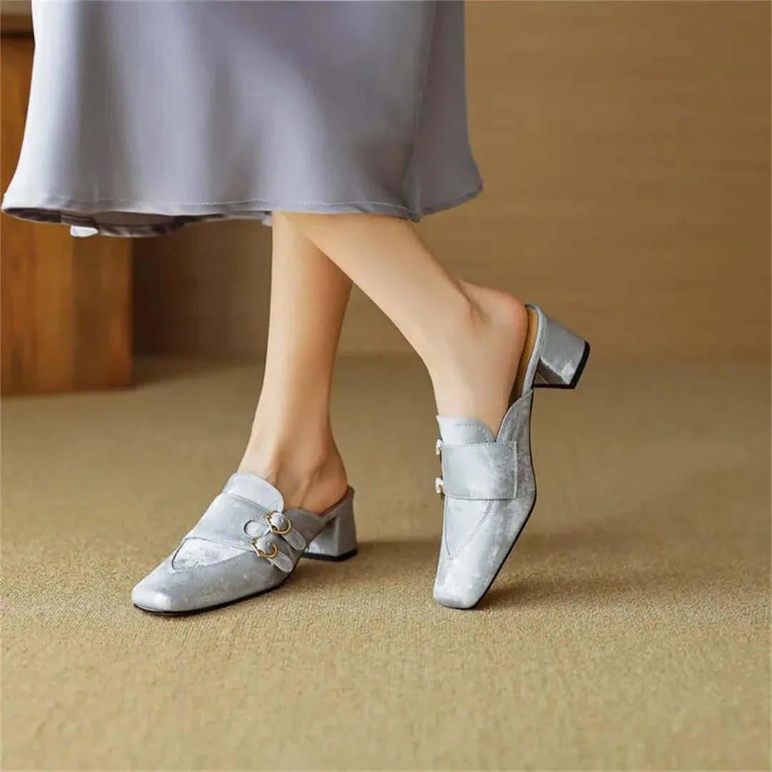 WomenS Square Heel 5Cm Silk Buckle Pull On Street Style Leisure Mules for Daily Shopping and Walking
