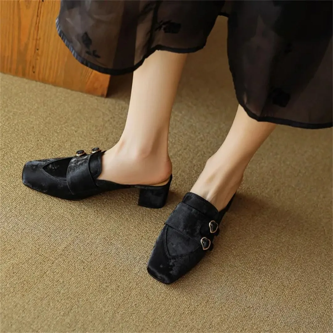 WomenS Square Heel 5Cm Silk Buckle Pull On Street Style Leisure Mules for Daily Shopping and Walking