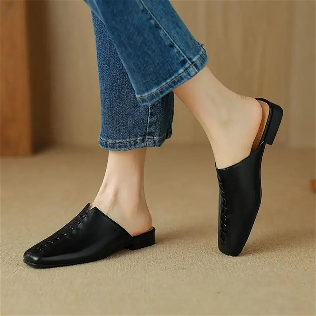 WomenS Square Toe Full Grain Leather Flat Heel Low Weaving Narrow Band Leisure Casual Mules