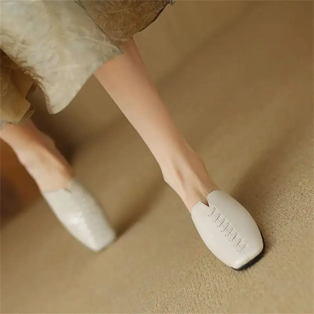 WomenS Square Toe Full Grain Leather Flat Heel Low Weaving Narrow Band Leisure Casual Mules